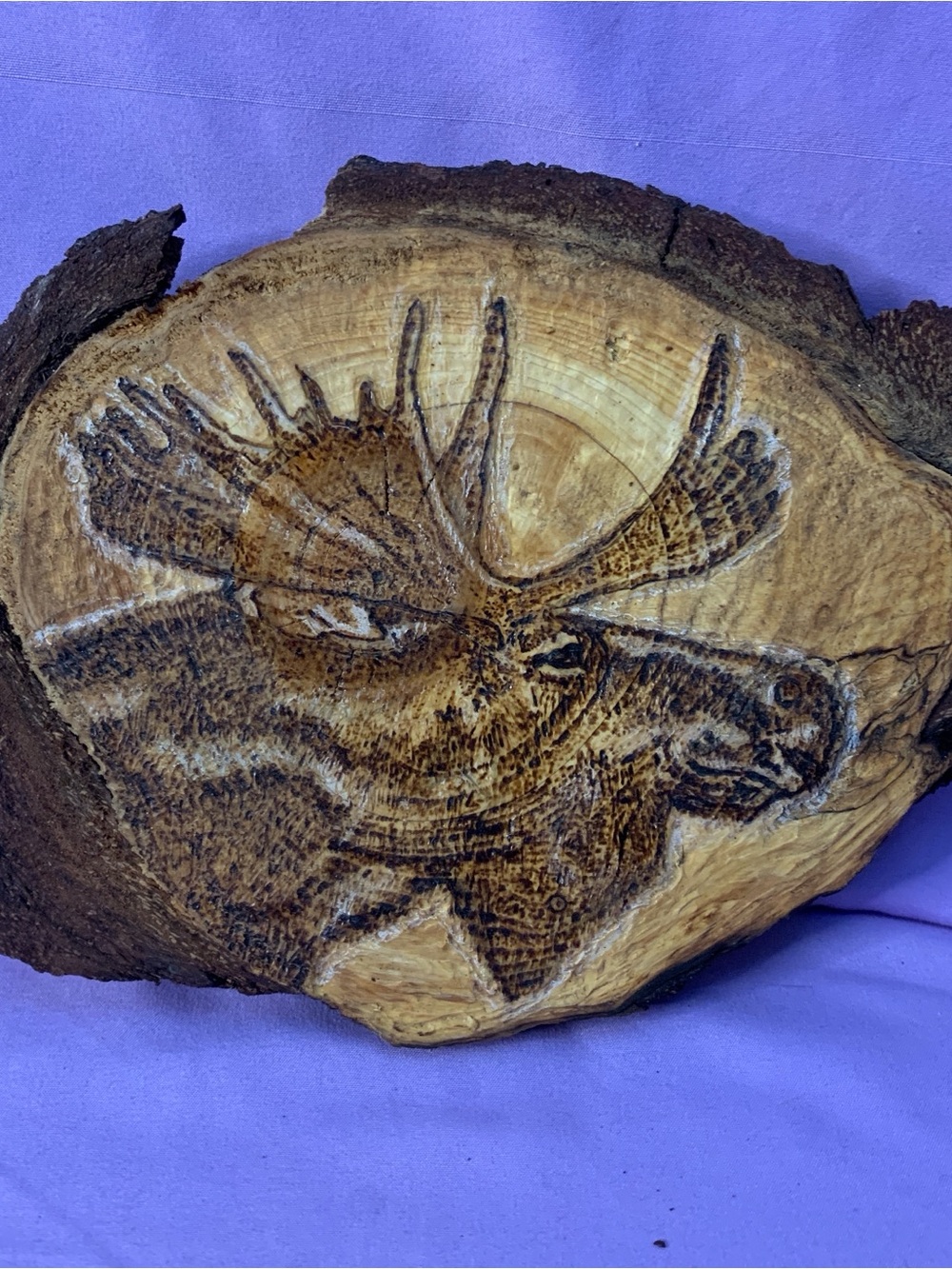Wood burned Rustic Moose Wood Slice Wall Art - Brown handmade forest woods